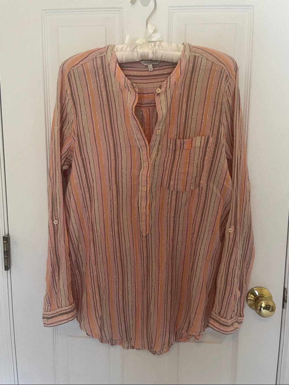 LUCKY BRAND Pink, Orange, Silver Metallic Tunic. Size L